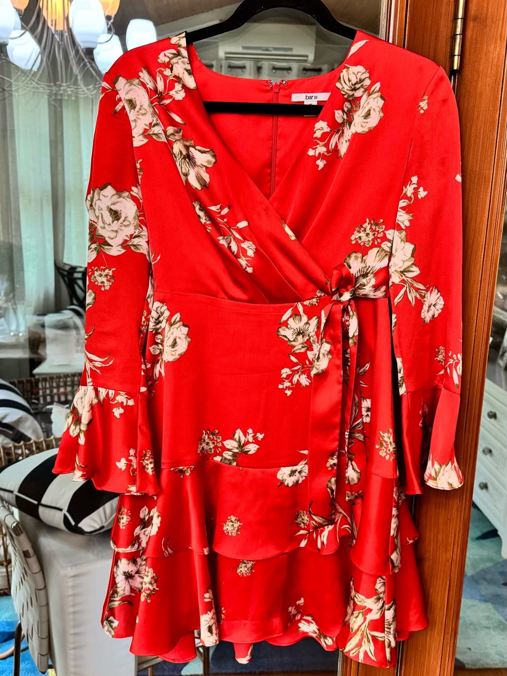 Bar III Red Floral Wrap Dress with Tie Waist - Picture 7 of 12